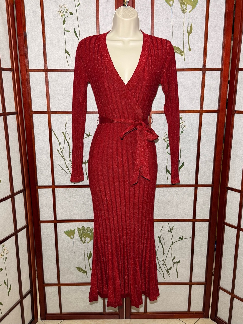 Bebe Ribbed Sweater Wrap Maxi body con self tie Dress Metallic red size S